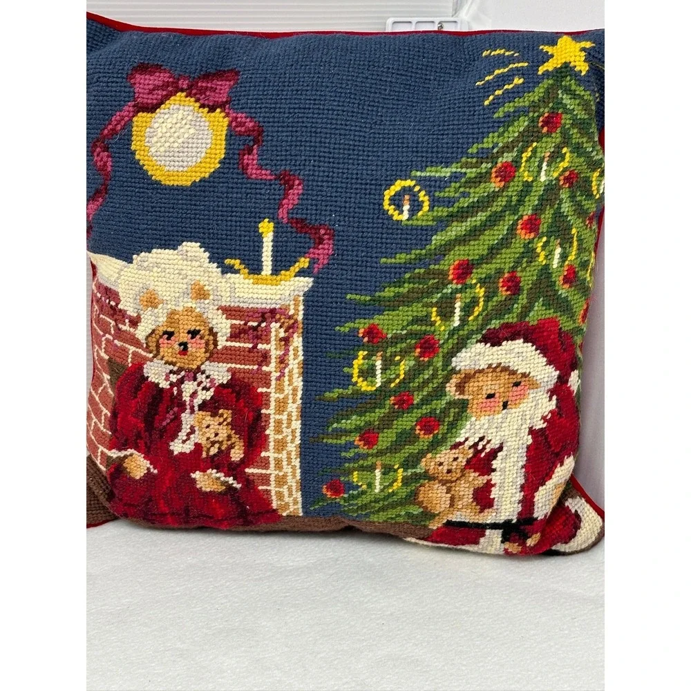 Wool Needlepoint Christmas Teddy‎ Bears Pillow Velvet Back Square